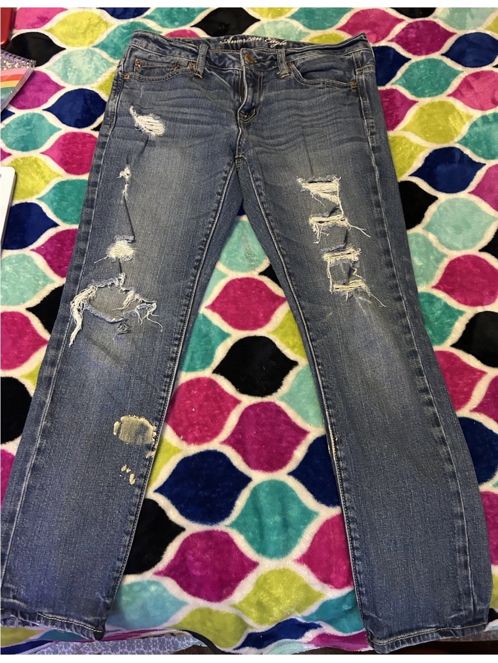 American Eagle Outfitters Distressed Boyfriend Jeans in Medium Blue
